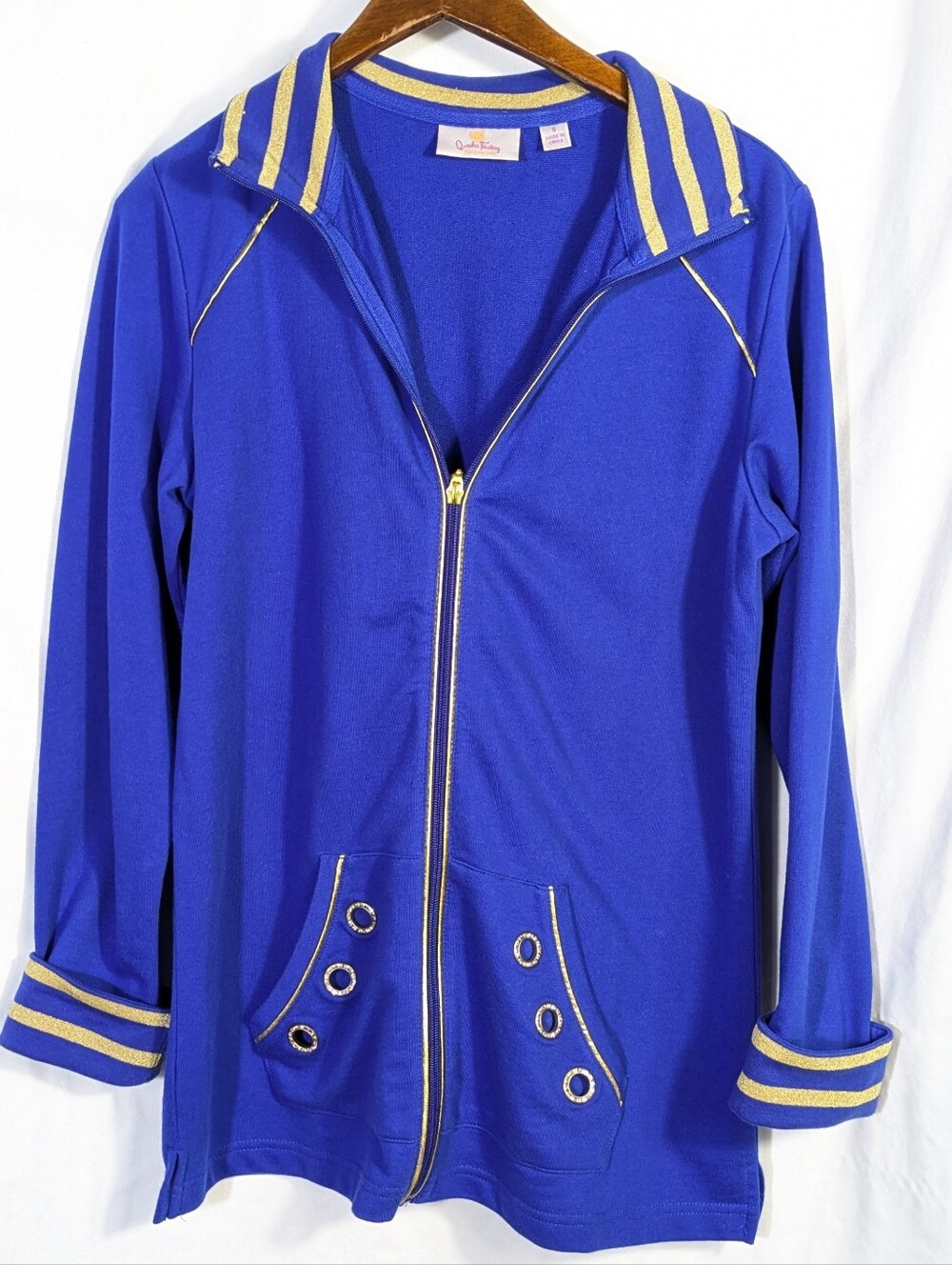 Quacker Factory Women's Y2K Full Zip Cardigan Gold Thread Trim Rhinestones Sz S